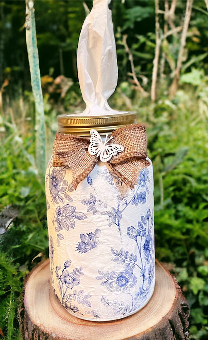 Butterfly Themed Tissue Mason Jar (Blue/White)