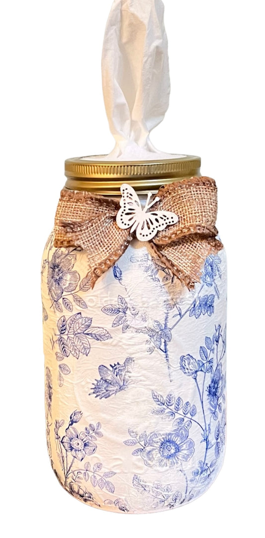 Mason Tissue Jar - Blue/White Butterfly Themed