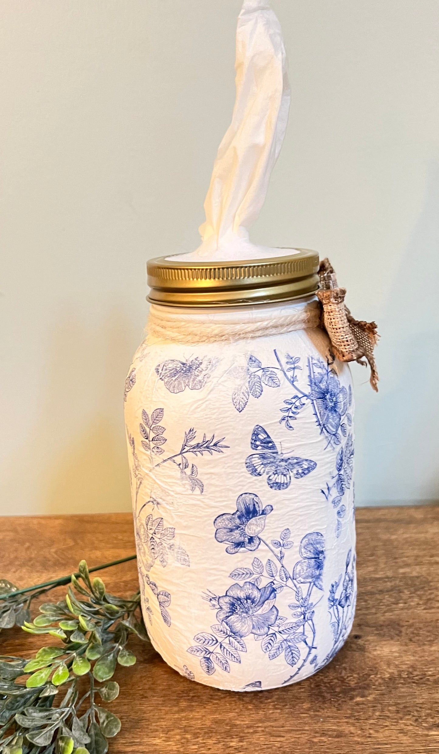 Butterfly Themed Tissue Mason Jar (Blue/White)